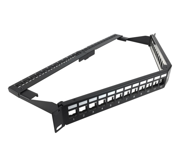 Patch Panel Nexxt Solutions Infrastructure Mod SH 24P 1U - Acero laminado en frío - Negro con detalles en plata - Angulado